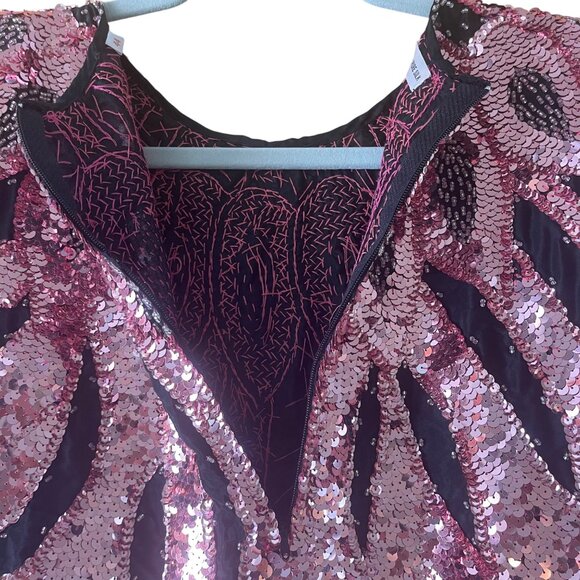 Vintage Womens Top Size 44 Pink Handmade Beaded Sequin Flame Pattern Pure Silk - Picture 5 of 13